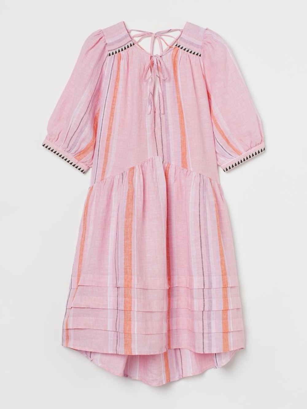 Lemlem x H&M Pink Linen Striped Midi Dress Puff Sleeve Tie Neck | Size S